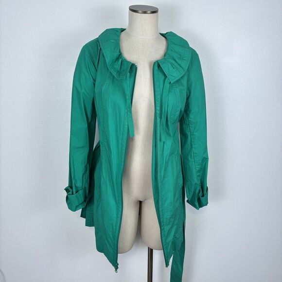 Kristin Davis Med Green Lightweight Trench Coat Style Jacket Ruffle Collar Belt - Picture 3 of 9